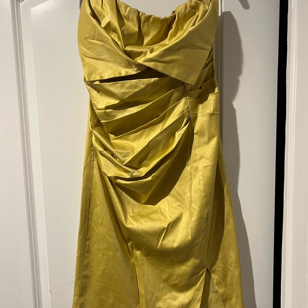 Gold satin strapless cocktail dress